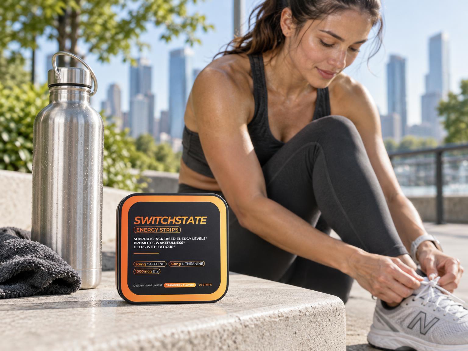 SwitchState Energy Strips beside a runner preparing for her morning workout