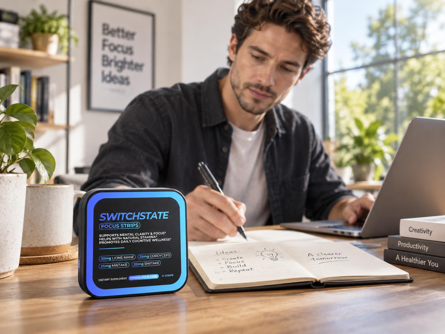 SwitchState Focus Strips on a desk as a professional works in a sunlit workspace
